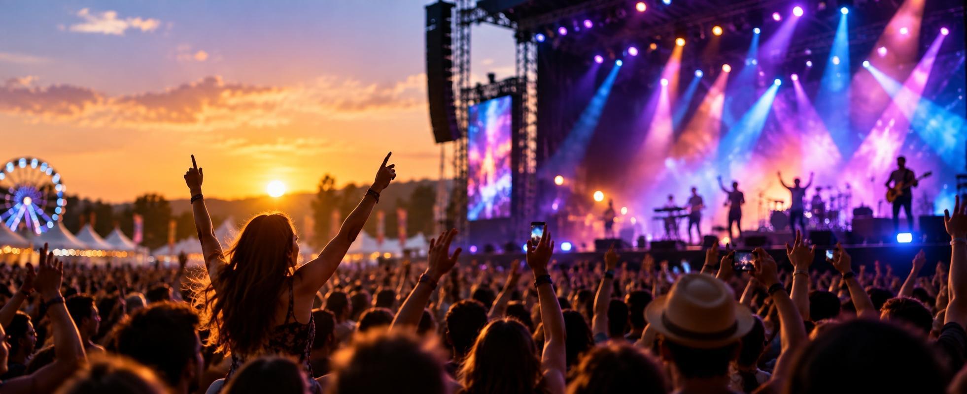 Crowd with raised hands at a concert under stage lights